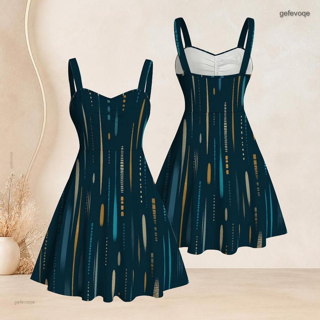 Women Plus Size Sweetheart Neck Strappy Sleeveless Abstract Printed Flared Dress