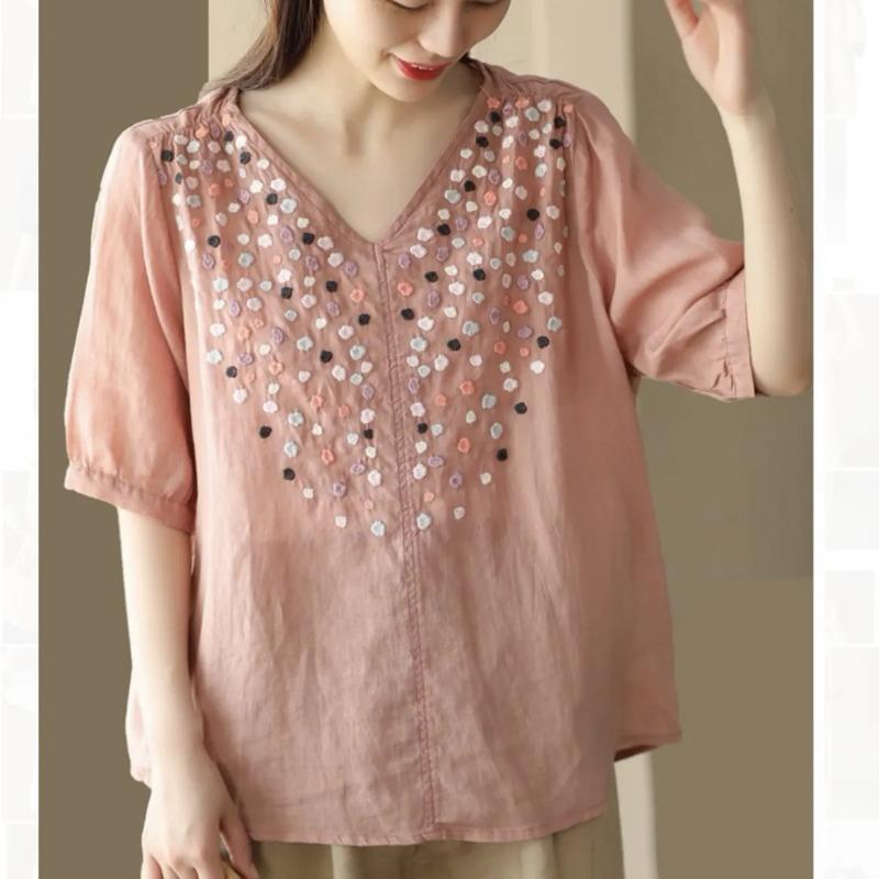 Yellow V Neck Half Sleeve Polka Dot Embroidered Linen Blouse for Women