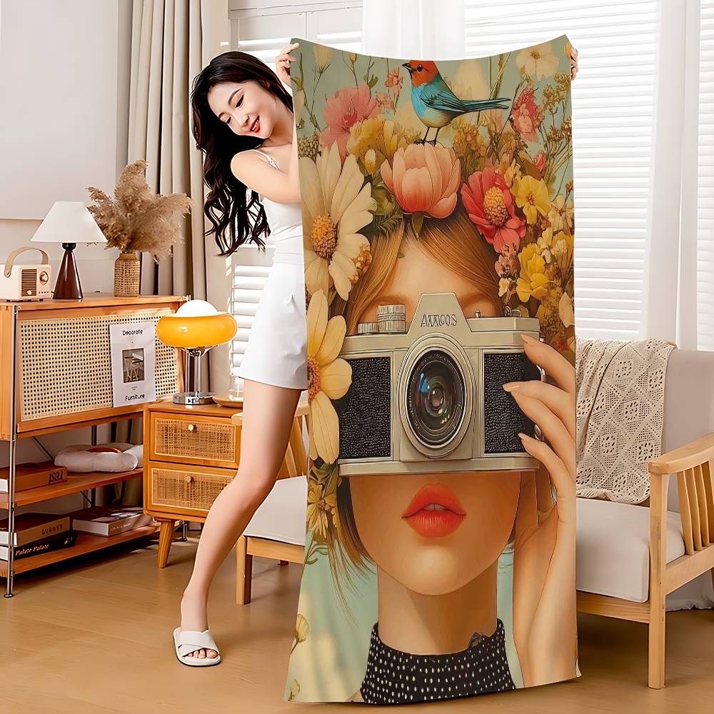 1pc Nordic Boho Fashion Glasses Woman With Flowers Beach Towel Bath Towels For Microfiber Quick Dry Sand Yoga Gym Pool