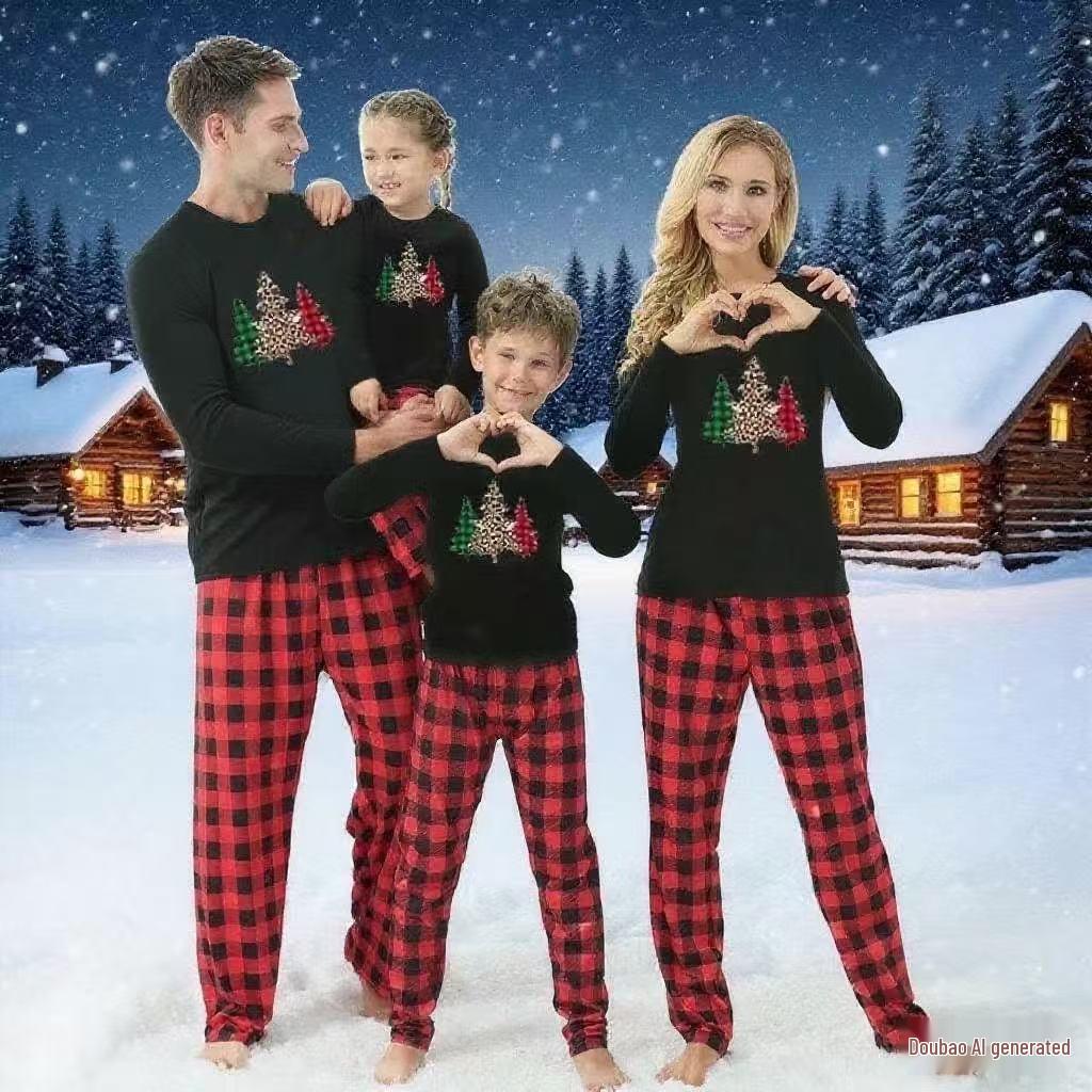 European & American Parent-Child Christmas Plaid Patchwork Loungewear Set