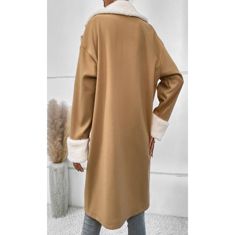 Höst Dam Ullkappa Vinter Vardaglig Patchwork Mode Krage Lång Jacka Kontorsdam Plus Size Slagrockar