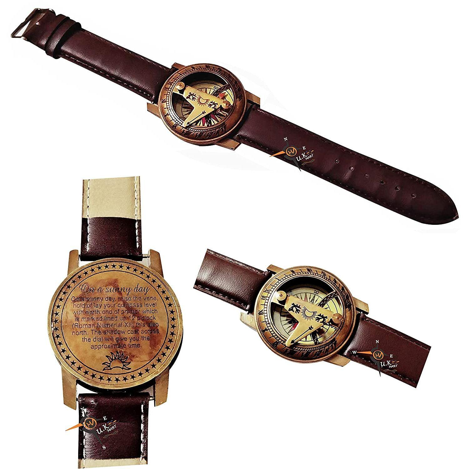 

КОМПАС Солнечные часы Компас с кожаным браслетом Наручные солнечные часы, коричневый, 1,7 дюйма