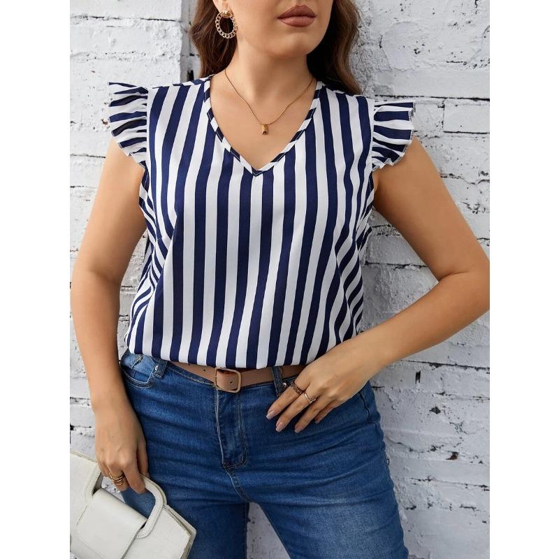 

YYFS Женские модные повседневные летние весенние блузки и рубашки без рукавов с v-образным вырезом в полоску и принтом XXXXXL синий
