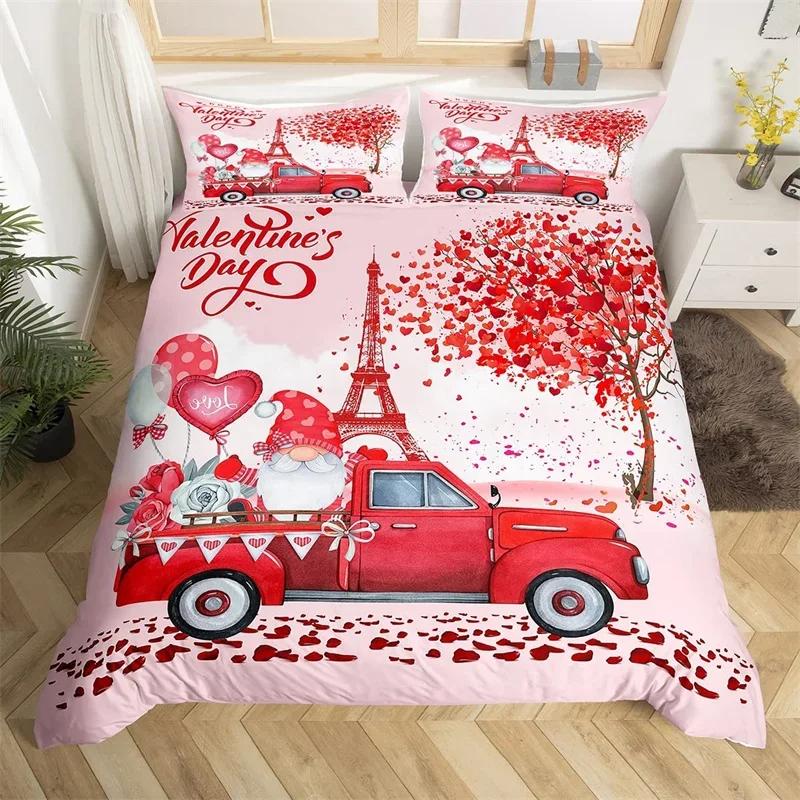 Romantic Valentines Duvet Cover King Kawaii Love Heart Theme Bedding Set Patchwork Geometric Comforter Cover Red Gnome Bed Sets