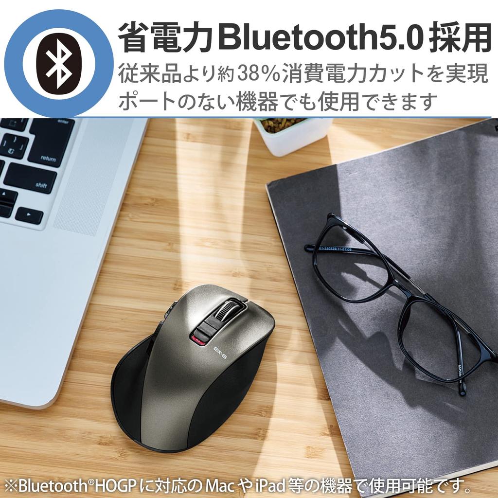 ELECOM Wireless Mouse Bluetooth EX-G, Ultra-Silent Grip, 5-Button Design, Multi-Pairing, M Size, Gunmetallic, M-XGM15BBSGMEC