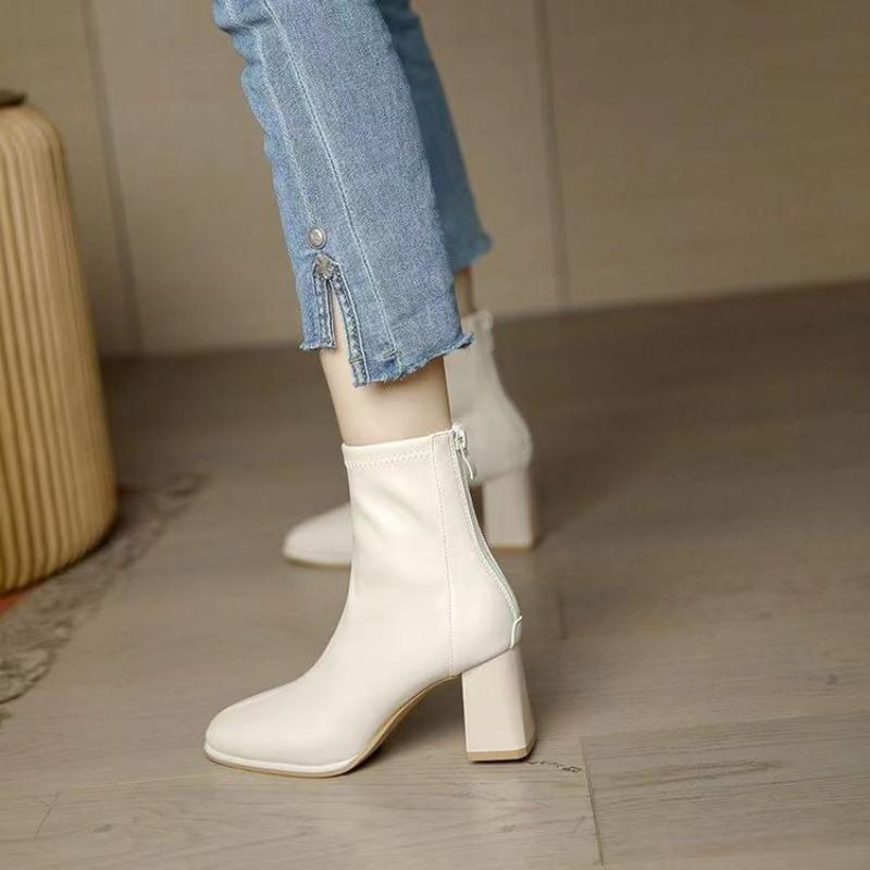 White Boots Women's Autumn and Winter New Thin Boots Rear Zipper Square Head Thick Heel Soft Leather Velvet Fashion Boots