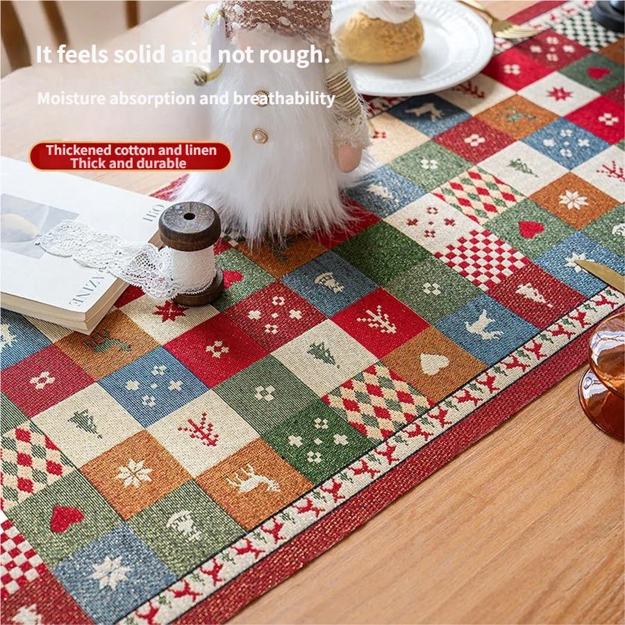 1PC Christmas Vintage Patchwork Table Runner, Thickened Cotton Linen, 200×35cm, Tablecloth with High Colorfastness, Festive Atmosphere