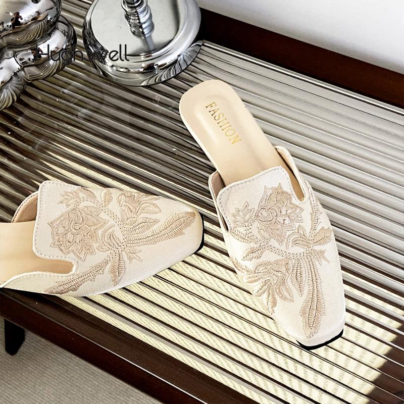 Fashion Fairy Floral Embroidered Mule Shoes Woman Elegant Flower Velvet Slide Slippers Ladies Evening Party Flat Velour Zapatos