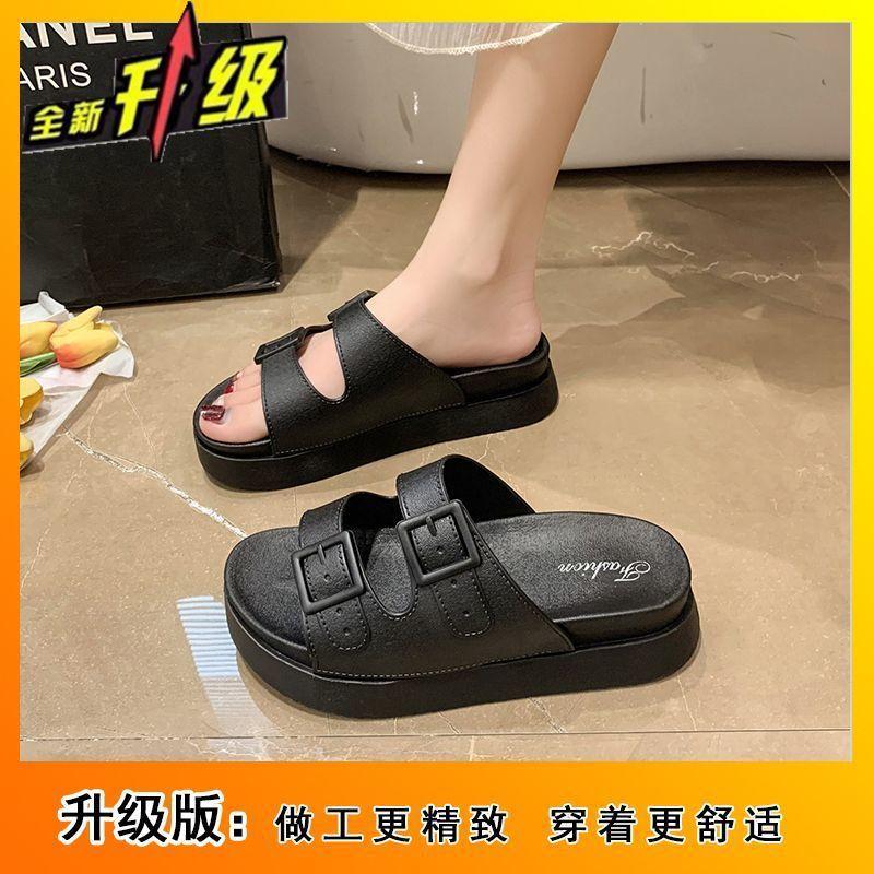 Indoor non-slip one-word drag muffin bottom Internet celebrity slippers 2025 summer Korean version heightening casual beach shoes women's outer wear