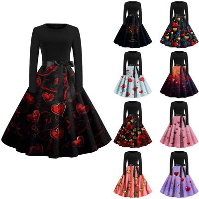 Women's Printed Round Neck Big Hem  Skirt Pleated Skirt Long Sleeved Dress Dress