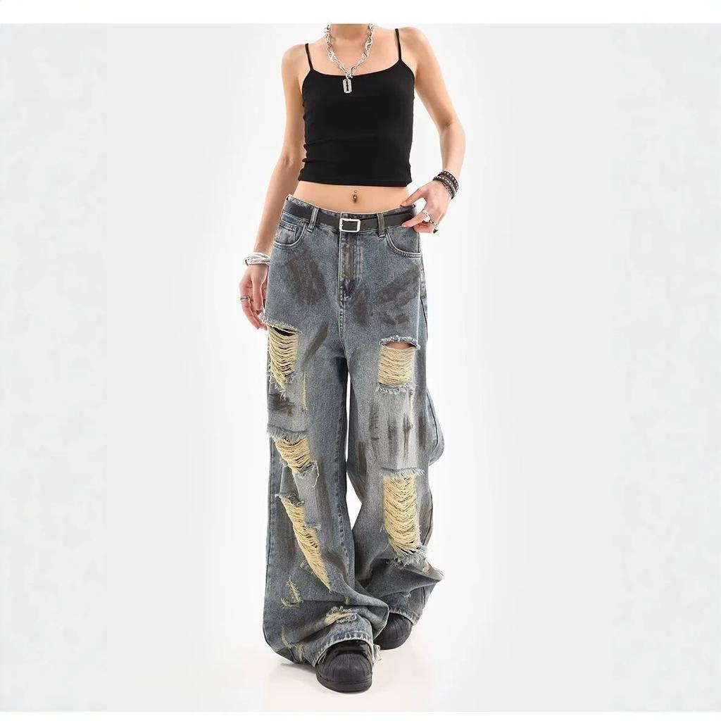 Summer thin retro old graffiti ripped jeans men and women design sense loose dirty wide leg pants trousers tide