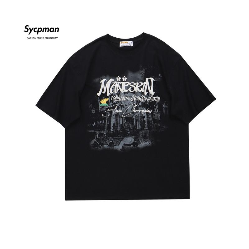 

Sycpman западный стиль хип-хоп пенопластовая футболка с короткими рукавами и принтом для мужчин свободные футболки с круглым вырезом пара повседневные топы на лето