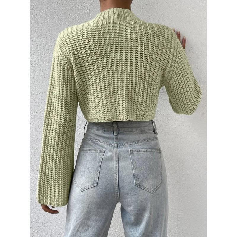 Autumn and Winter New European and American Solid Color Versatile High Waist Short Style Trumpet Sleeve Half High Collar Pullover Sweater for Women