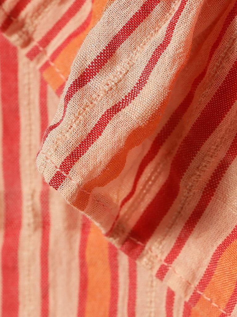 Beams Boy Women's Striped Ruffle Short Sleeve S/S Shirt, Pink Free