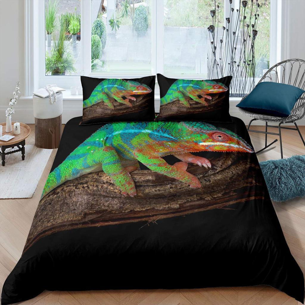 Lizard Duvet Cover Set Reptile Bedding Sets King Size for Boys Girls Toad Tropical Animal Purple Floral Exotic Comforter Cover