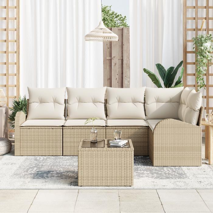 Ensemble de 6 pièces de canapés de jardin avec coussins en poly rotin marron, Canapé de jardin 2 places avec rangement et 3354720