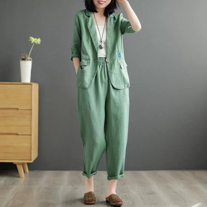 Spring and autumn temperament Casual Cotton and linen butterfly embroidered suit fashionable Cardigan fashionable sports suit wholesale M зелёный
