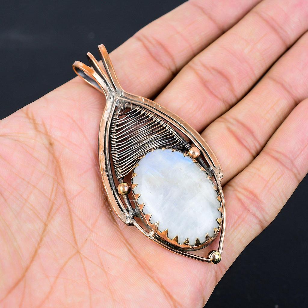Moonstone Gemstone Pure Copper Wire Wrapped Handmade Pendant Jewelry Gift For Her