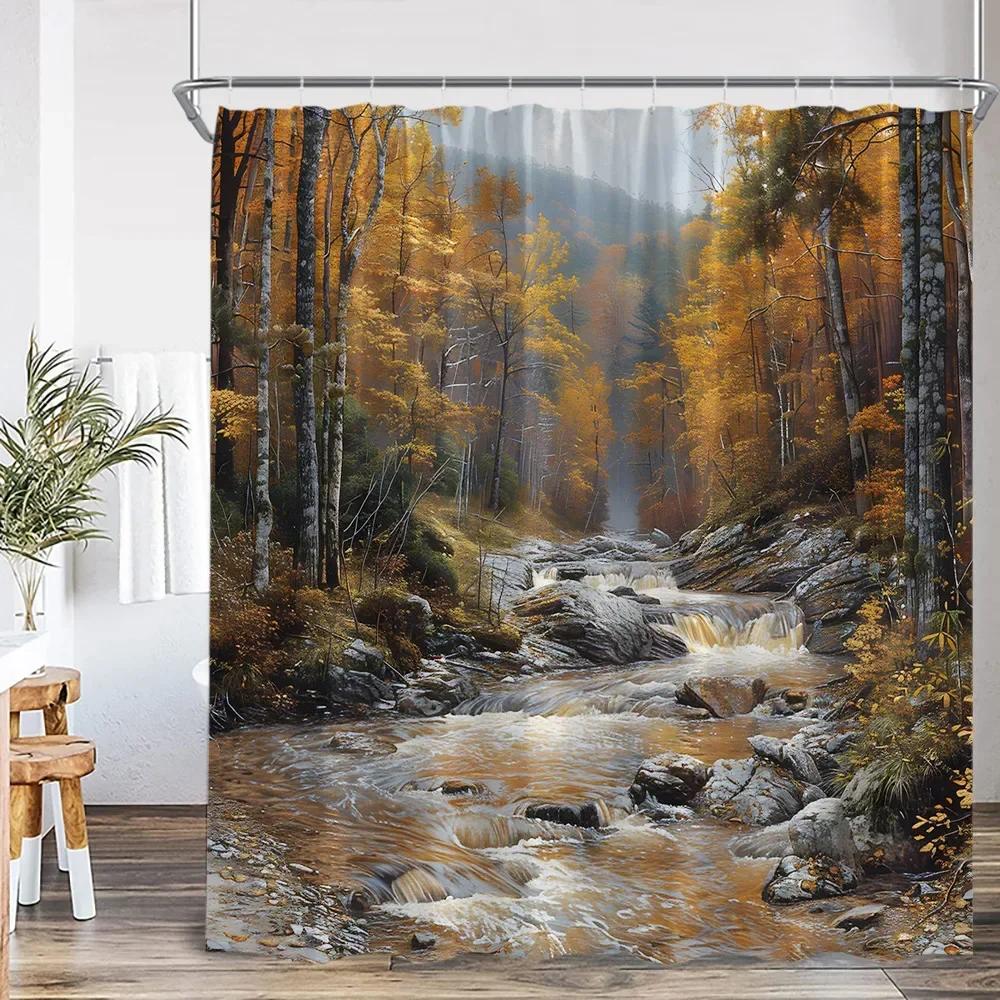 Autumn Landscape Shower Curtain Maple Forest Waterfall Landscape Tree Bathroom Decoration Polyester Bathtub Curtain