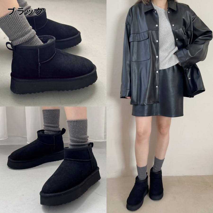 Oriental Traffic Fashion Boots, Short Sheepskin Boots with Thick Soles and Fur, Warm and Lightweight, Black, Size 24.0-24.5 cm