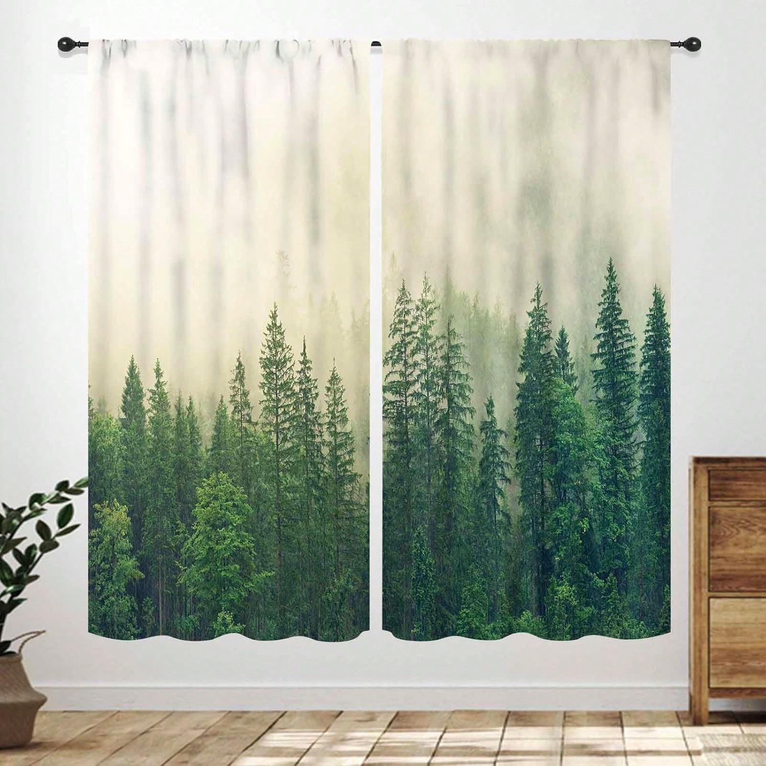

Green Forest Curtains Misty Forest Nature Landscape Curtains Woodland Pine Tree Scene Mountain Window Drapes For Living Room Bed 100*130 HOOK 1pcs