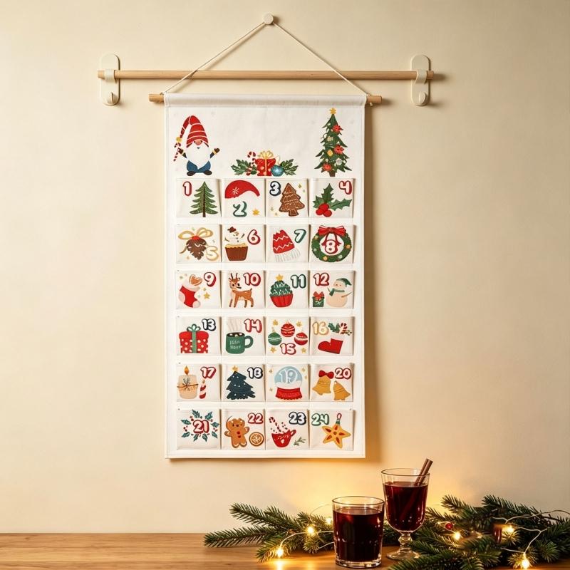 Hanging Christmas Advent Calendar with 24 Fillable Compartments, Fabric Wall Advent Ornament for Daily Surprises Across Homes or Classrooms