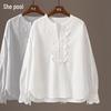Women's Lace Hollow Spliced White Long Sleeve Shirt
