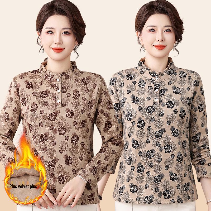 Stylish Printed Long-Sleeve T-Shirt for Middle-Aged & Elderly Women - Autumn/Winter, Warm Base Layer, Plus-Size, Velvet Mom's Wear.