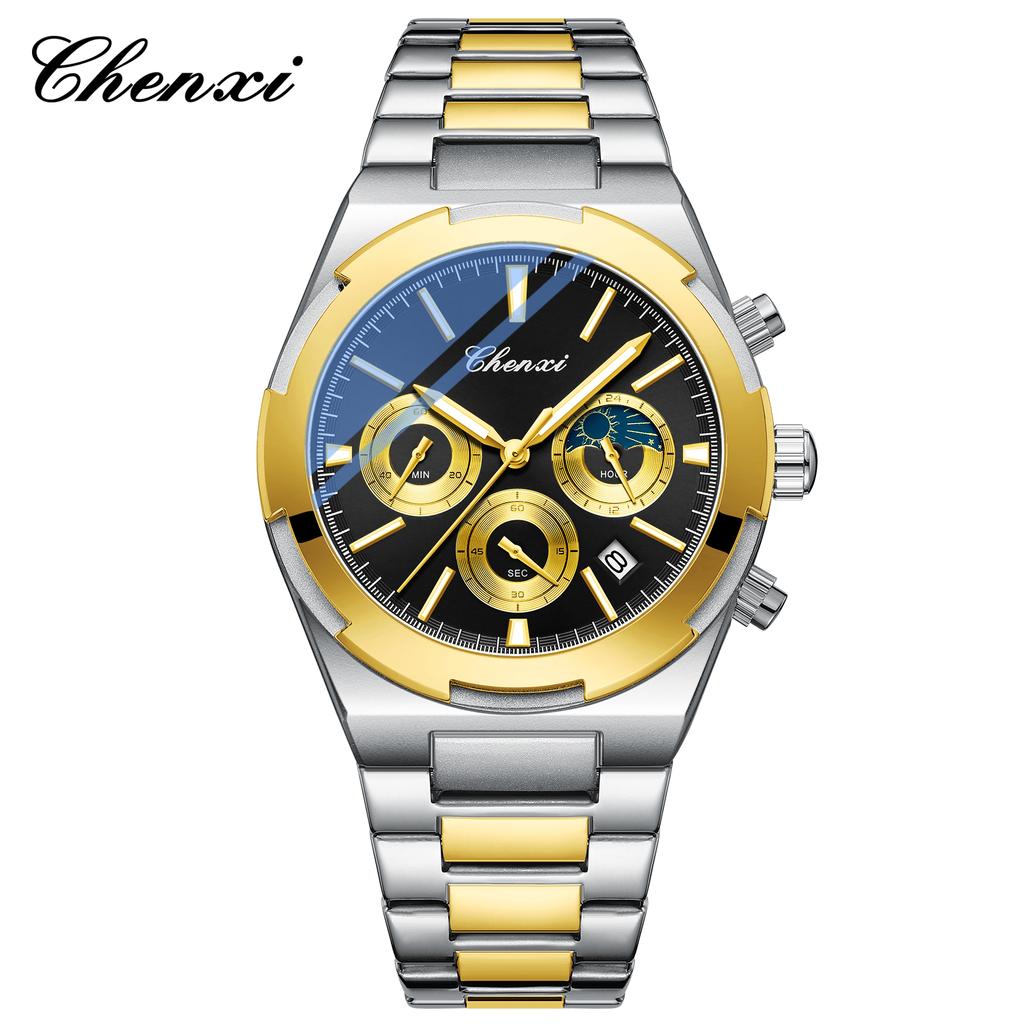Temperament Men Luxury Fashion Design Gold Men Watches Multifunction Luminous Quartz Male WristWatch Relogio Masculino