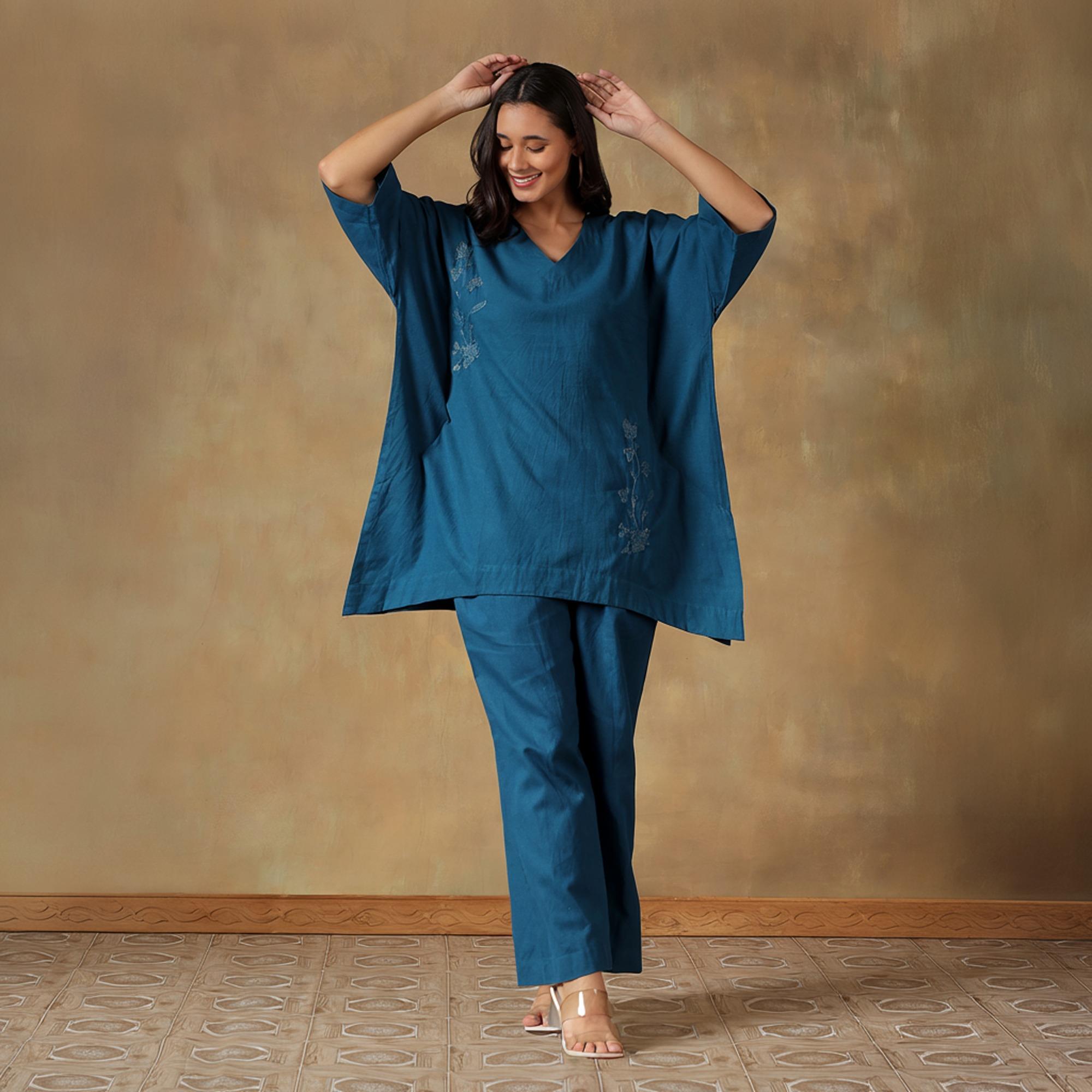 Teal Handcrafted Freesize Kaftan Top with Pant S чирковый