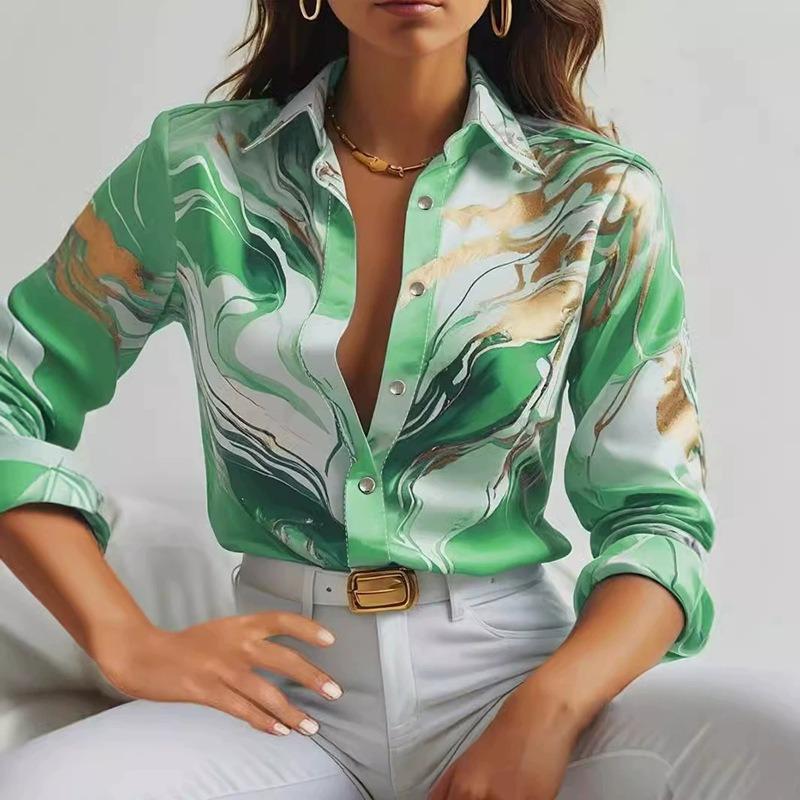 women marble print satin shirt collared long sleeve casual slim fit blouse