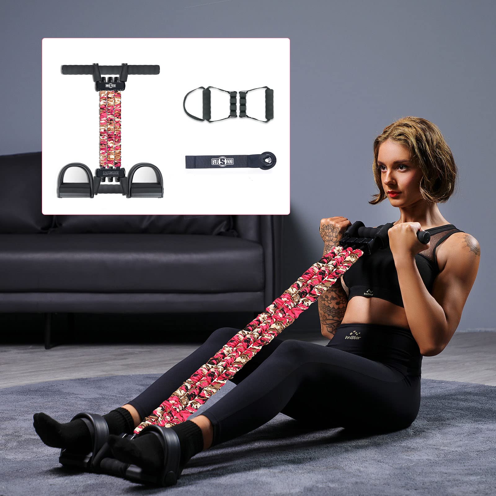 

INNSTAR Adjustable Pedal Resistance Bands Abdominal Equipment Chest Expander with Cover Handle Professional Instructions 2-in-1 Anti-Snap & (Pin -