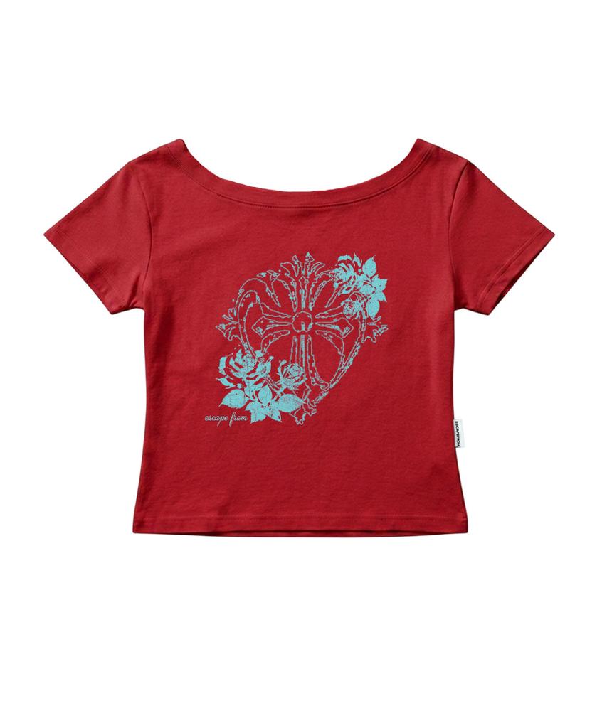 ESCAPEFROM Rose Cross Print Boat Neck Slim Fit Short Sleeve T-Shirt [7 Colors]