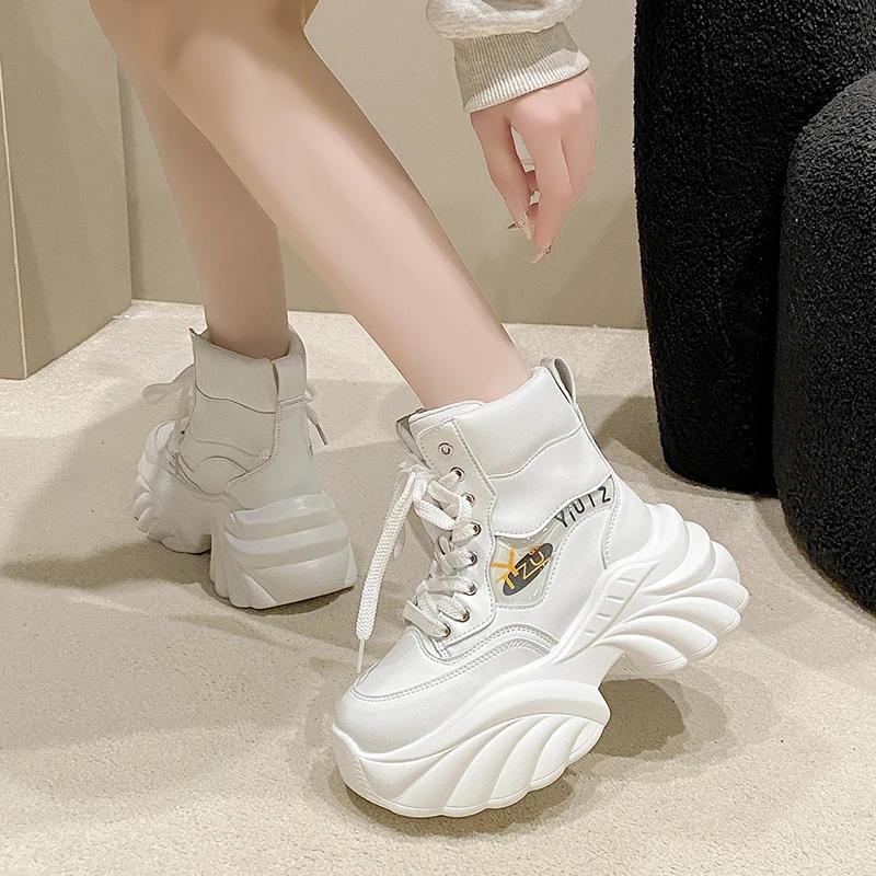 Fashion 8CM Autumn High Top Women Sneakers Lace-up Winter Warm Leather Ankle Boots Casual Canvas Shoes Thick Bottom Fashion Short Boots