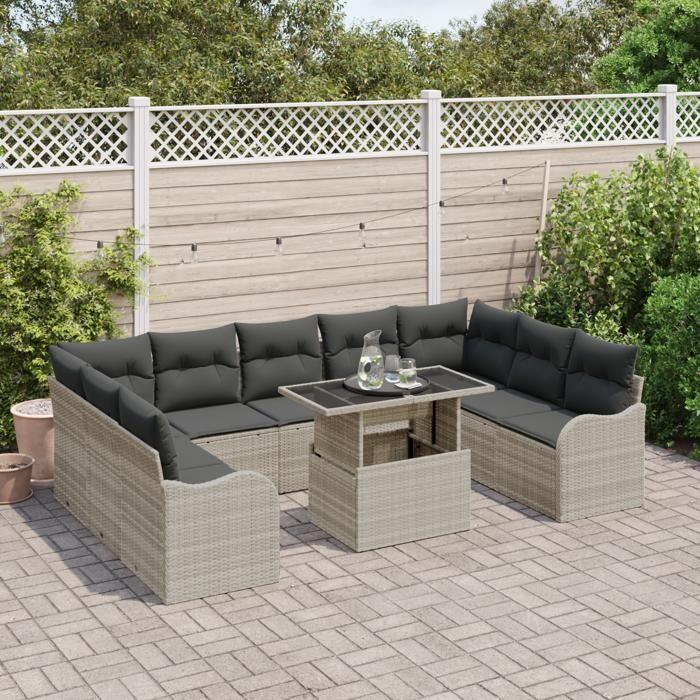 Ensemble de canapé de jardin 10 pièces avec coussins gris clair en rotin poly, Canapé de jardin 2 places avec coussins gris 3348528