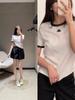 Women's Sequin Embroidery Logo Color Block Crew Neck Loose Short Sleeve Pullover T-shirt 2025 New