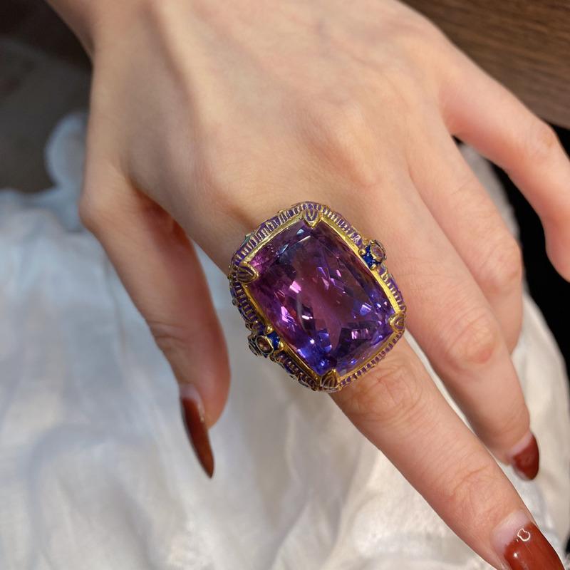 Imitation Enamel Gilded Color Italian Natural Amethyst Ring Pendant Set Palace Style Color Treasure Necklace Female