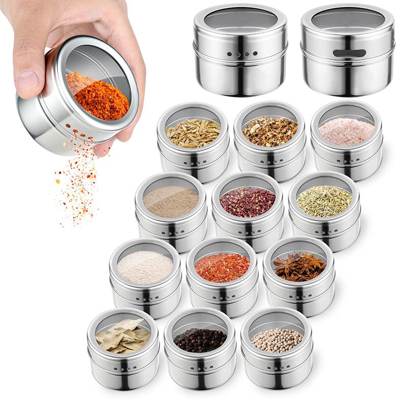 Magnetic Spice Tins Stainless Steel BBQ Spice Container Storage Box with Transparent Lid Kitchen Seasonings Herbs Spices Jars