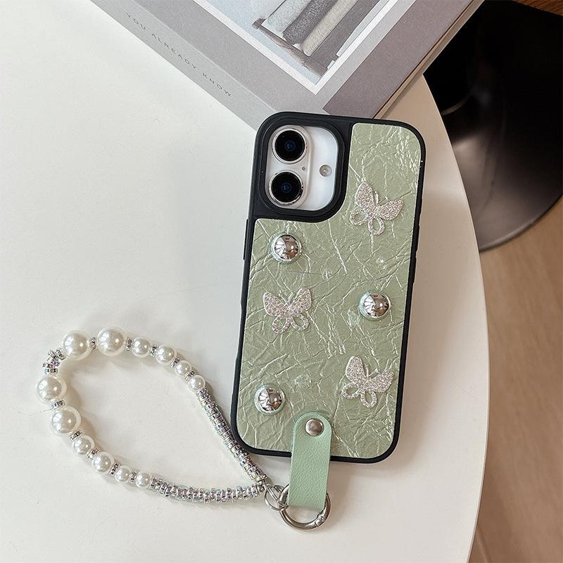 Silver Bead Bow for IPhone 16 Mobile Phone Case 14 Protective Cover for IPhone 17 Promax Pearl Bracelet 15