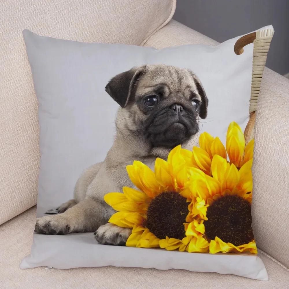 Soft and Cute Pug Series Double-sided Printed Decorative Pet Animal Pillowcases Suitable for Car Sofa Home Car Pillowcases
