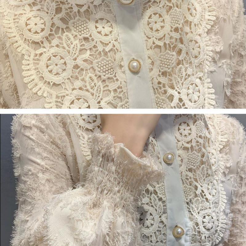 Solid Color Long-sleeved Sexy Lace Shirt Women's Spring Korean Version Slim Standing Neck Simple Versatile Shirt