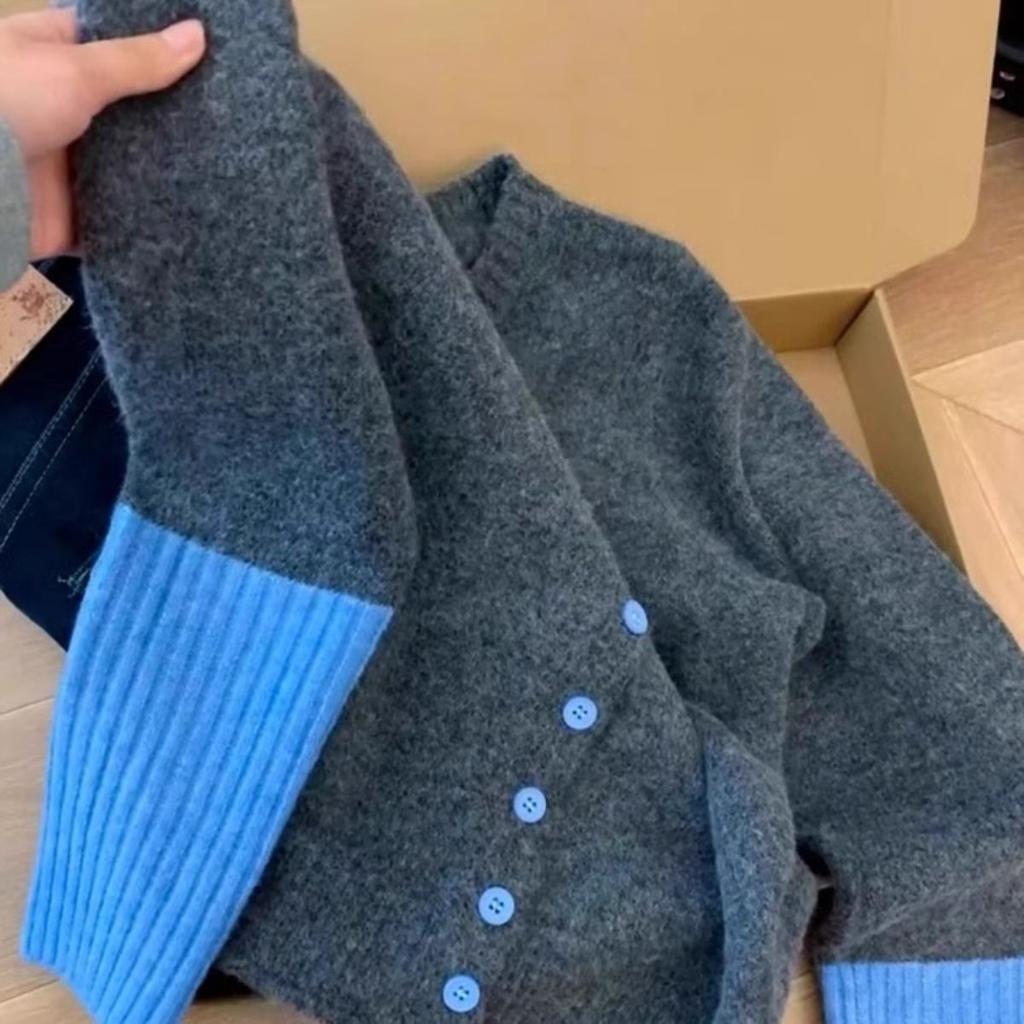 High-end Super Nice Color Block Knitted Cardigan Coat Women's Autumn Winter Top Unique Gray Sweater