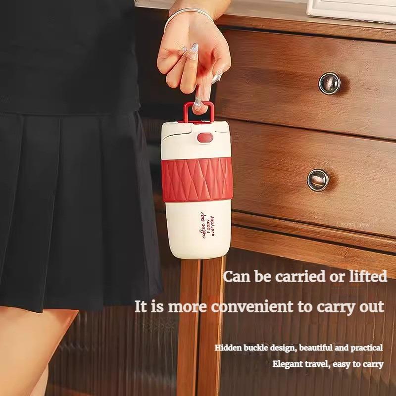 0.42L Ceramic Liner Thermos Cup for Girls High-value Cofee Mug with Straw Portable Double-drink Accompanying Water Cup Gifts