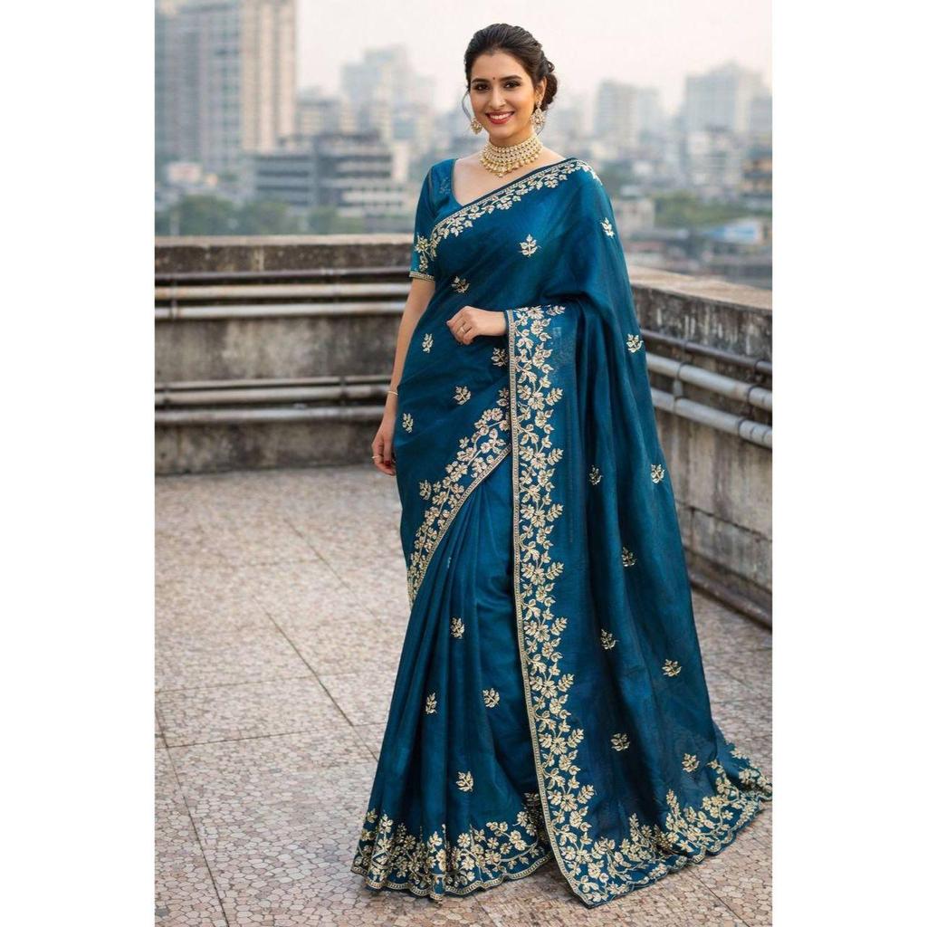 Premium Fandy satin with c pallu spring Dori embroidery work and all over sarees butta work with cutwork border