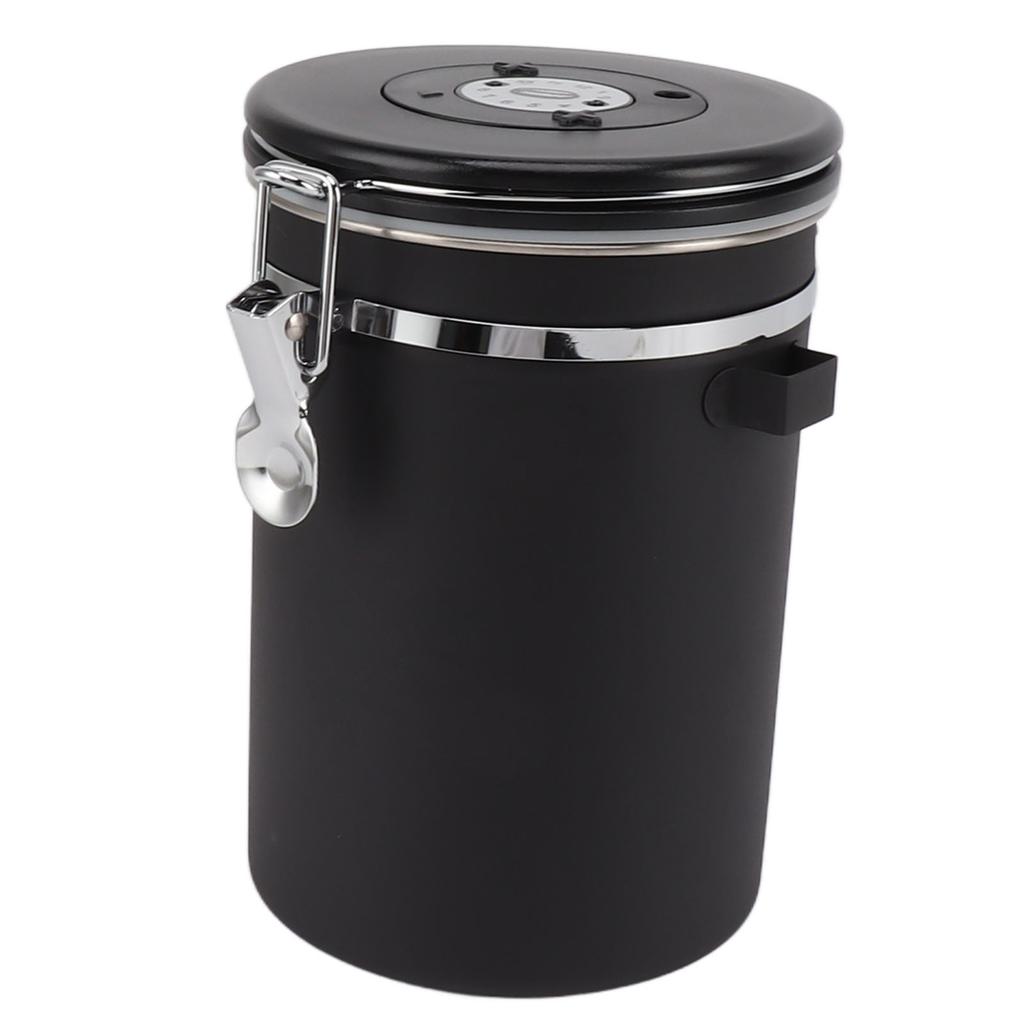 1.8L Coffee Sealed Container Stainless Steel Coffee Bean Storage Container with Spoon Black