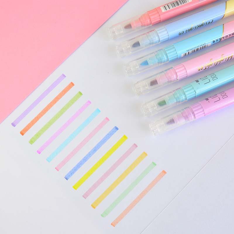 6 PCS Double Tip Highlighter Pens Kawaii Candy Color Manga Markers DIY Journal Pastel Highlighter Set Korean Stationery