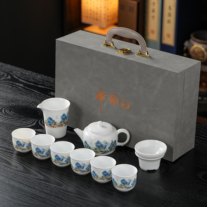 National style landscape white porcelain tea set, a pot of six cups gift box for gifts, self-use tea brewer, light luxury business companion gifts