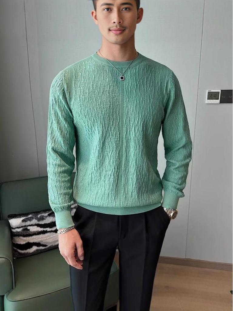 Męski dopasowany sweter żakardowy z okrągłym dekoltem - Koreański styl Kolekcja Jesień/Zima