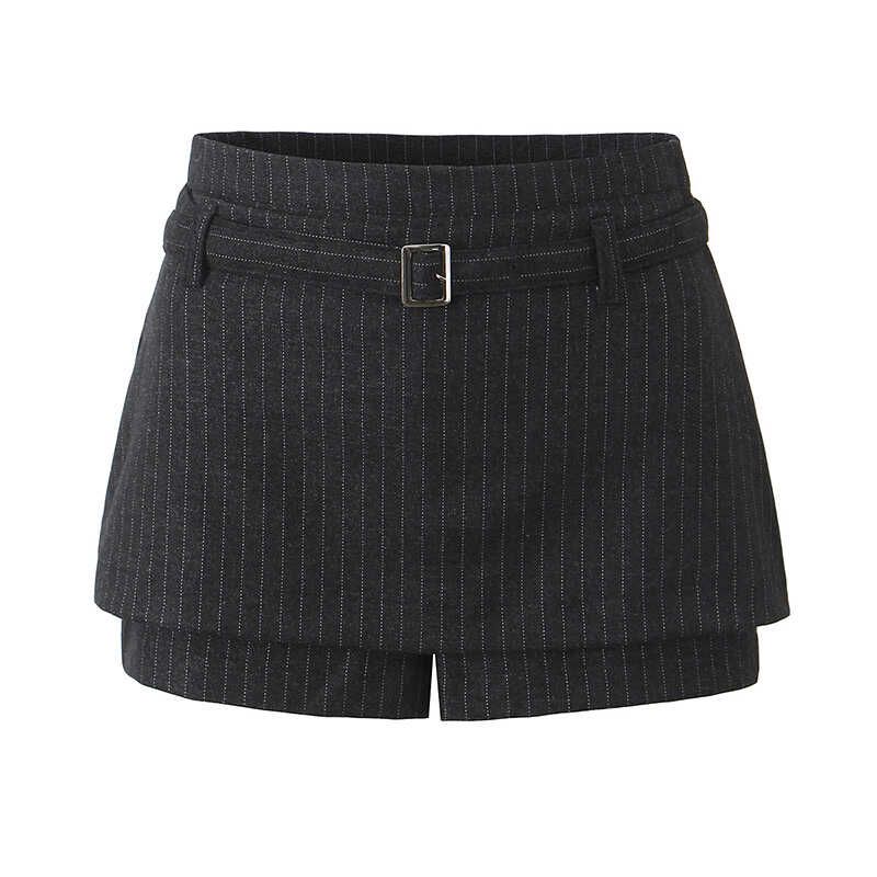 

Sicilian Stylish Sexy Suit Thin Woolen Stripes Low Waist with Belt Fake Two-Piece Easiest for Match Figure Flattering Culotte Black Stripes L