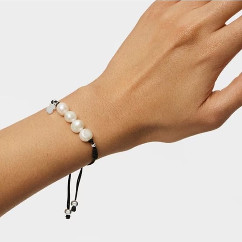 TOUS Pearls Black Cord, Silver and Pearl Bracelet /213031540